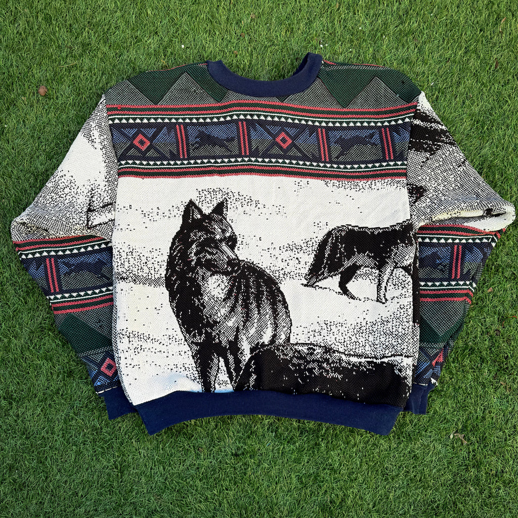 Winter Watchers Wolf Woven Tapestry Crewneck (Medium)