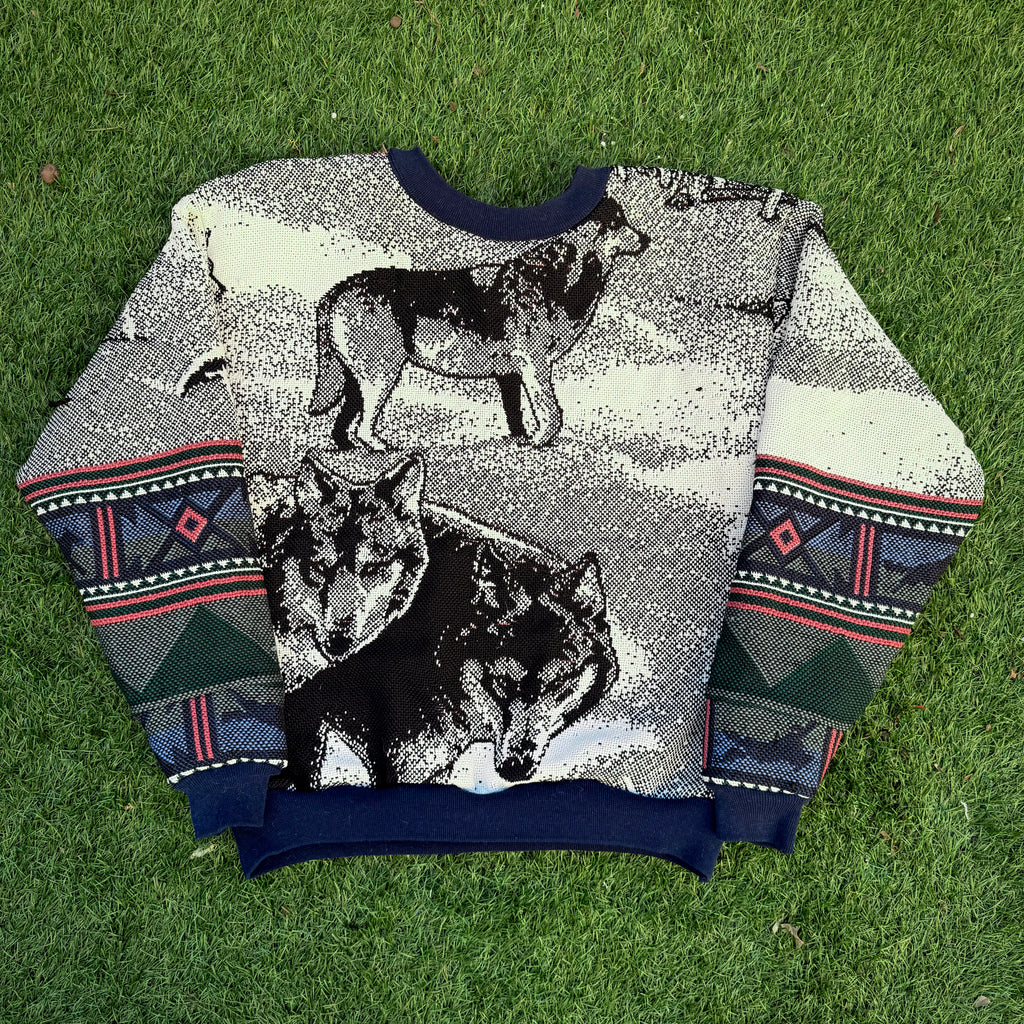 Winter Watchers Wolf Woven Tapestry Crewneck (Medium)